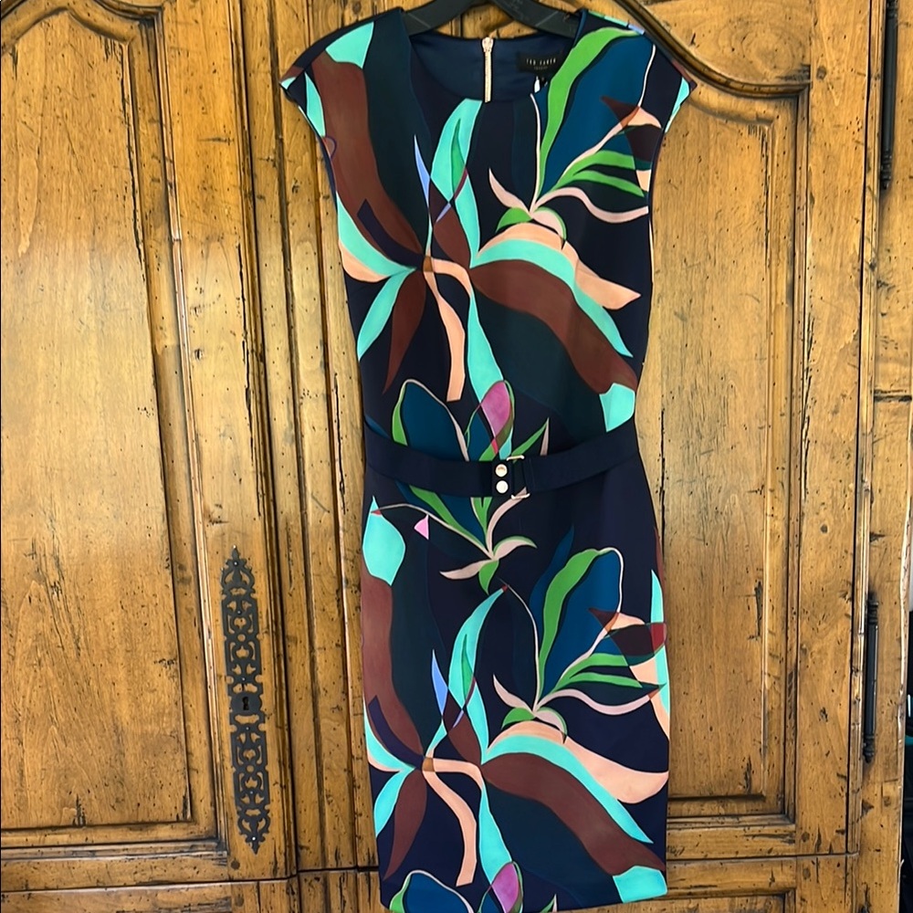 Ted Baker Navy Floral-Print Midi Dress with Belt